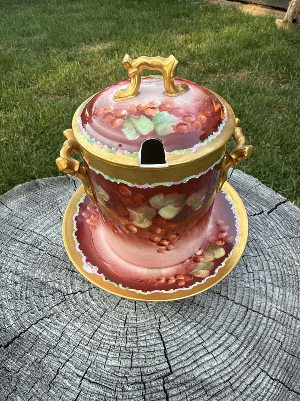 Antique D&C Limoges Porcelain Condensed Milk Jam Pot Lid Hand Painted Le Roy